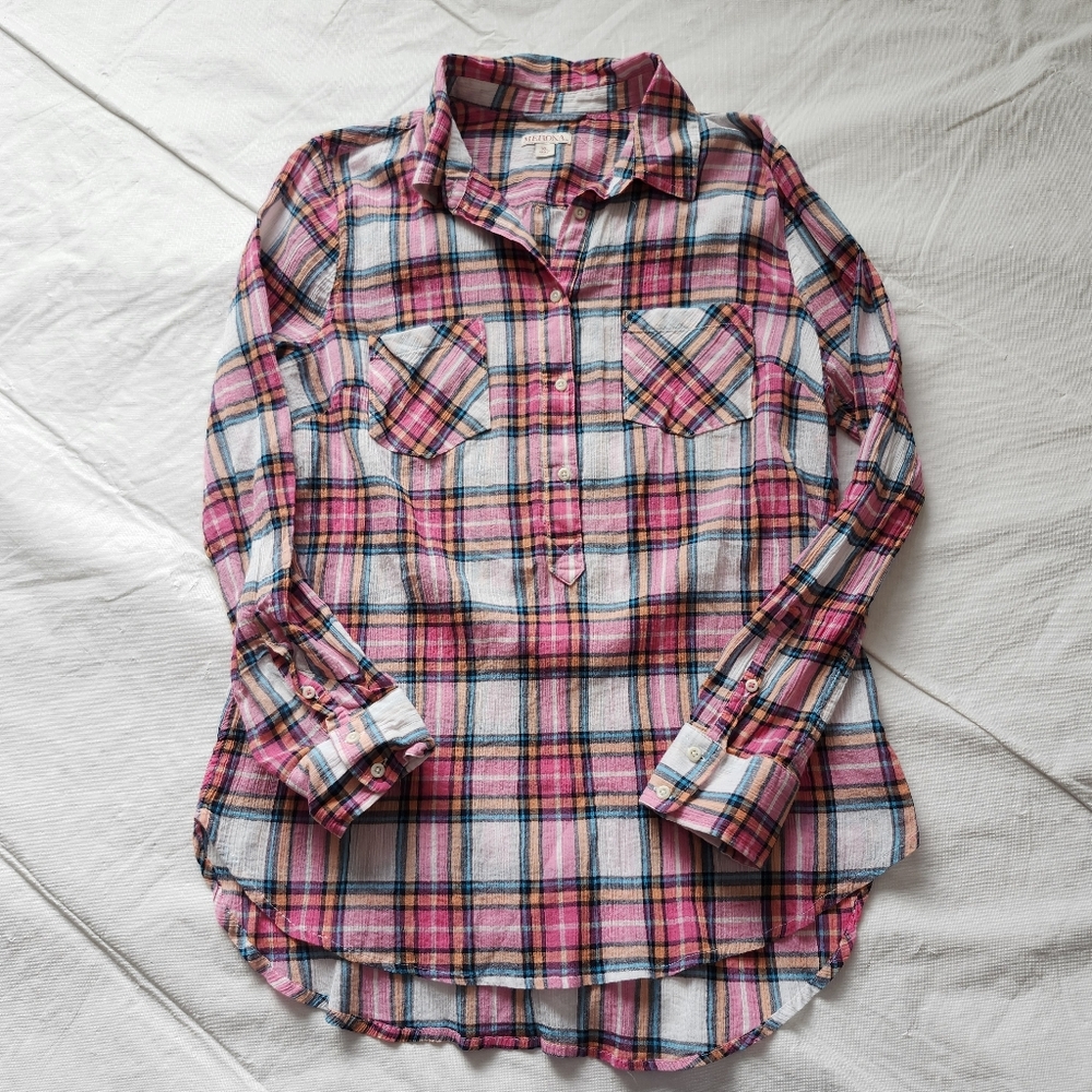 Merona Size XL Pink Plaid Half Button-Up Shirt - Picture 3 of 8